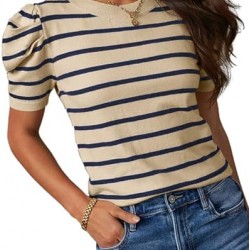 Dokotoo Women's Short Puff Sleeve Knit Tops 2024 Trendy Crewneck Striped T Shirts Casual Summer Blouses