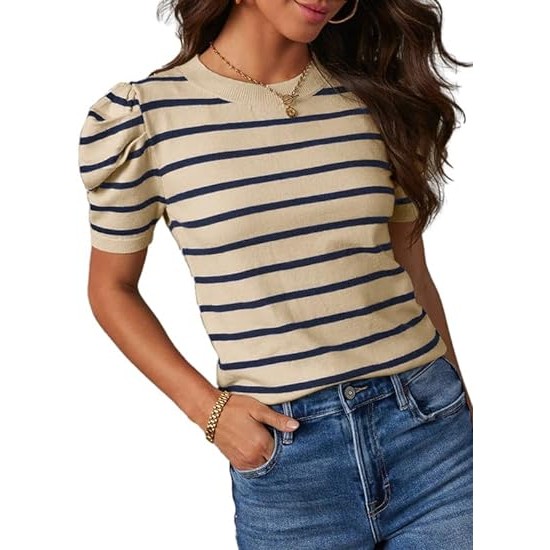 Dokotoo Women's Short Puff Sleeve Knit Tops 2024 Trendy Crewneck Striped T Shirts Casual Summer Blouses