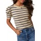 Dokotoo Women's Short Puff Sleeve Knit Tops 2024 Trendy Crewneck Striped T Shirts Casual Summer Blouses