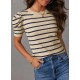 Dokotoo Women's Short Puff Sleeve Knit Tops 2024 Trendy Crewneck Striped T Shirts Casual Summer Blouses