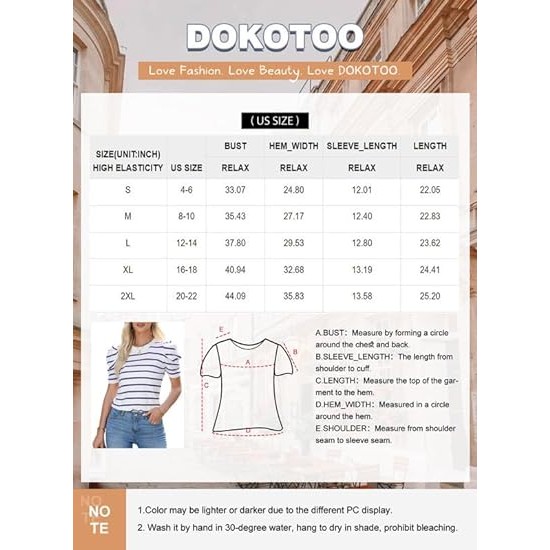 Dokotoo Women's Short Puff Sleeve Knit Tops 2024 Trendy Crewneck Striped T Shirts Casual Summer Blouses