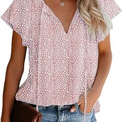 Mansy Women's Casual Floral Print V Neck Ruffle Short Sleeve Summer Shirts Tops Loose Blouses