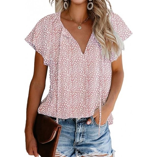 Mansy Women's Casual Floral Print V Neck Ruffle Short Sleeve Summer Shirts Tops Loose Blouses