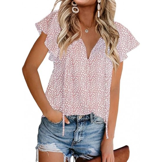 Mansy Women's Casual Floral Print V Neck Ruffle Short Sleeve Summer Shirts Tops Loose Blouses