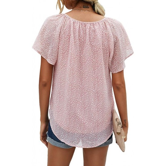 Mansy Women's Casual Floral Print V Neck Ruffle Short Sleeve Summer Shirts Tops Loose Blouses