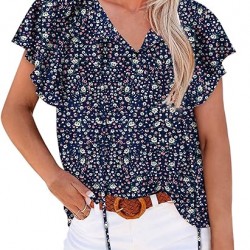 Mansy Women's Casual Floral Print V Neck Ruffle Short Sleeve Summer Shirts Tops Loose Blouses