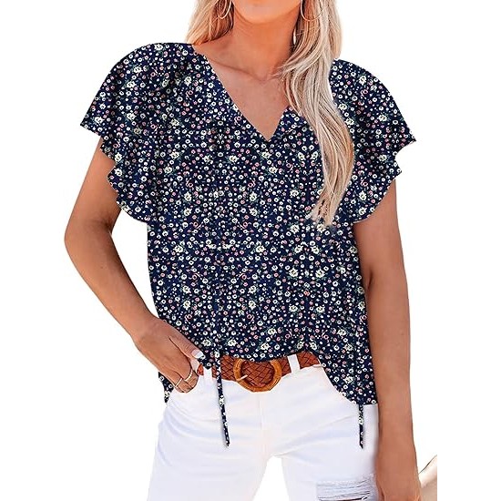 Mansy Women's Casual Floral Print V Neck Ruffle Short Sleeve Summer Shirts Tops Loose Blouses