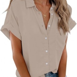 Beautife Womens Short Sleeve Shirts V Neck Collared Button Down Shirt Tops with Pockets