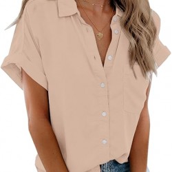 Beautife Womens Short Sleeve Shirts V Neck Collared Button Down Shirt Tops with Pockets