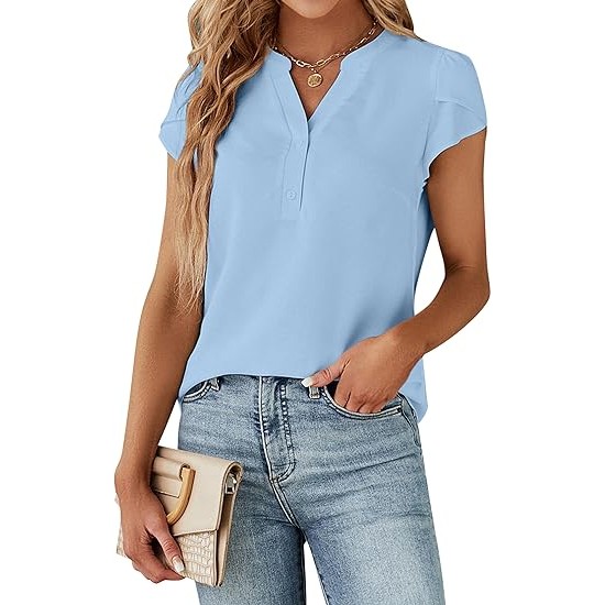 Blooming Jelly Women's Dressy Casual Tops Business Work Blouses White Button Down Shirts Cap Sleeve V Neck Tshirt