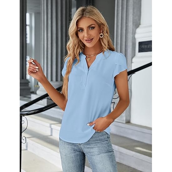 Blooming Jelly Women's Dressy Casual Tops Business Work Blouses White Button Down Shirts Cap Sleeve V Neck Tshirt