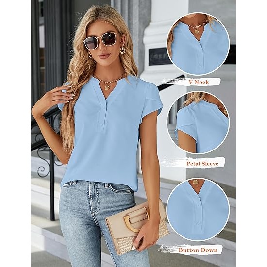 Blooming Jelly Women's Dressy Casual Tops Business Work Blouses White Button Down Shirts Cap Sleeve V Neck Tshirt