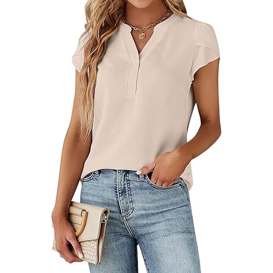 Blooming Jelly Women's Dressy Casual Tops Business Work Blouses White Button Down Shirts Cap Sleeve V Neck Tshirt