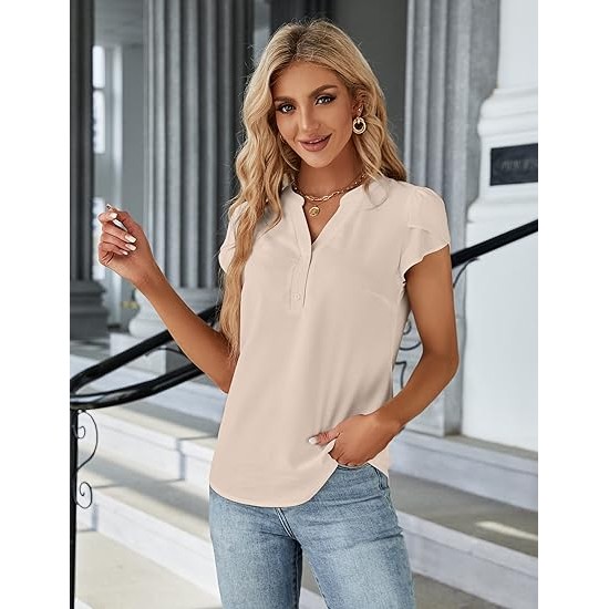 Blooming Jelly Women's Dressy Casual Tops Business Work Blouses White Button Down Shirts Cap Sleeve V Neck Tshirt