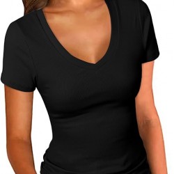 PALINDA Women's Short Sleeves Ribbed Fitted Shirt Basic V Neck Slim T Shirt Tops