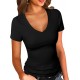 PALINDA Women's Short Sleeves Ribbed Fitted Shirt Basic V Neck Slim T Shirt Tops