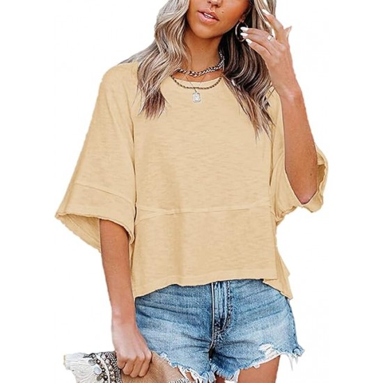 Sovelen Women's Summer Casual Crewneck Batwing Half Sleeve T-Shirts Solid Color Loose Fit Cute Basic Flowy Tops Tees Blouses