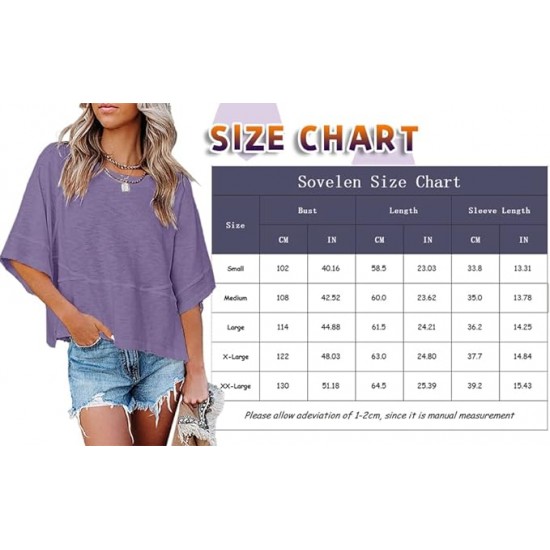 Sovelen Women's Summer Casual Crewneck Batwing Half Sleeve T-Shirts Solid Color Loose Fit Cute Basic Flowy Tops Tees Blouses