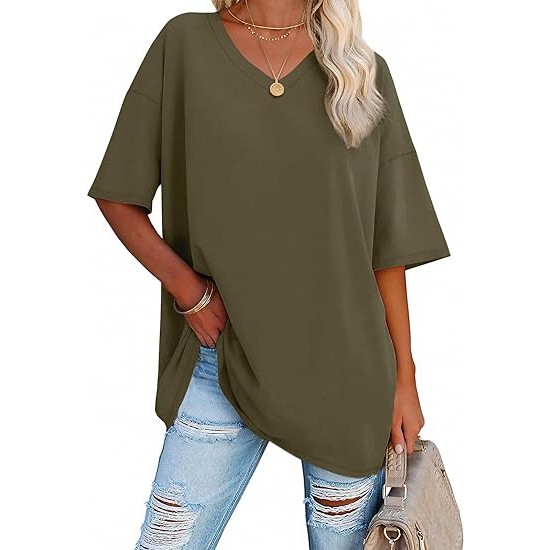 ATHMILE Womens Oversized T Shirts V Neck Tees Half Sleeve Cozy Comfy Tunic 2024 Y2K Tops Casual