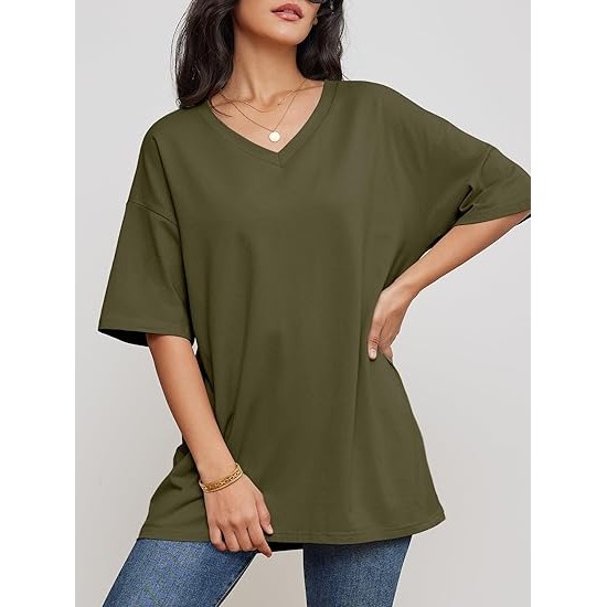 ATHMILE Womens Oversized T Shirts V Neck Tees Half Sleeve Cozy Comfy Tunic 2024 Y2K Tops Casual