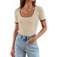 ZESICA Women's Short Sleeve Square Neck Color Block T Shirt 2024 Summer Slim Fit Ribbed Knit Basic Tee Tops