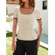 ZESICA Women's Short Sleeve Square Neck Color Block T Shirt 2024 Summer Slim Fit Ribbed Knit Basic Tee Tops