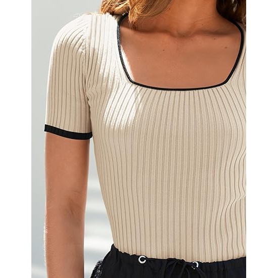 ZESICA Women's Short Sleeve Square Neck Color Block T Shirt 2024 Summer Slim Fit Ribbed Knit Basic Tee Tops