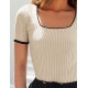 ZESICA Women's Short Sleeve Square Neck Color Block T Shirt 2024 Summer Slim Fit Ribbed Knit Basic Tee Tops