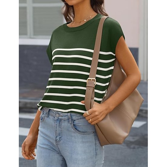 MIROL Women's Cap Sleeve Striped Tops 2024 Batwing Short Sleeve Summer Crewneck Tee Knit Casual Loose Shirts