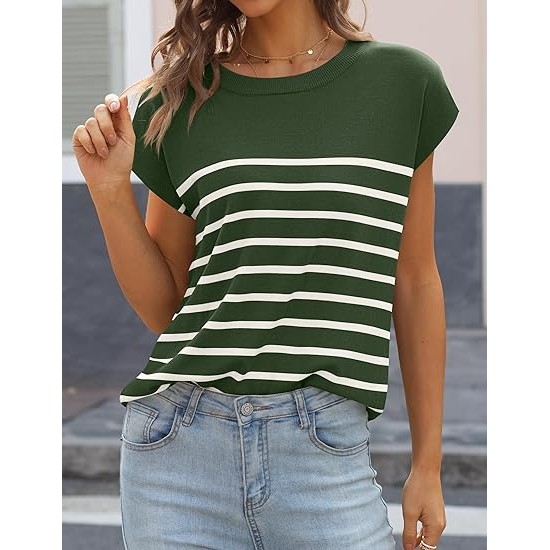 MIROL Women's Cap Sleeve Striped Tops 2024 Batwing Short Sleeve Summer Crewneck Tee Knit Casual Loose Shirts