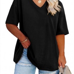 Fisoew Women's Plus Size V Neck T Shirts Summer Half Sleeve Tees Casual Loose Fit Cotton Tunic Tops