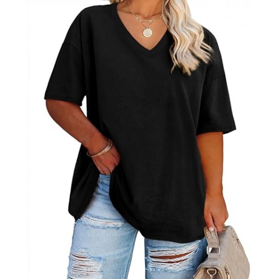 Fisoew Women's Plus Size V Neck T Shirts Summer Half Sleeve Tees Casual Loose Fit Cotton Tunic Tops