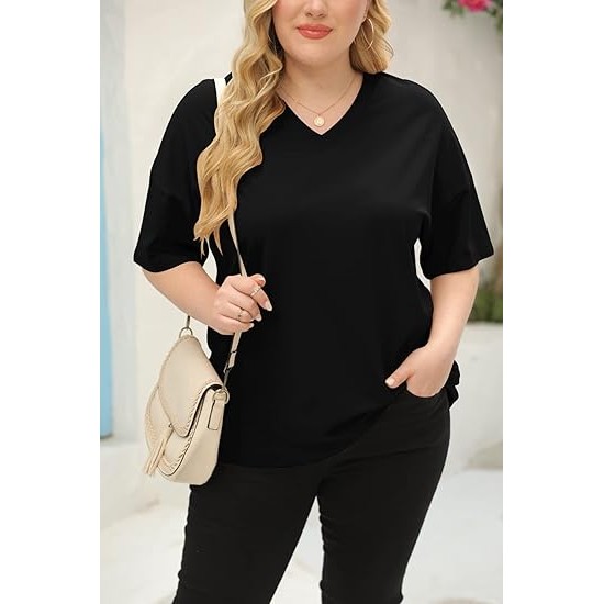 Fisoew Women's Plus Size V Neck T Shirts Summer Half Sleeve Tees Casual Loose Fit Cotton Tunic Tops