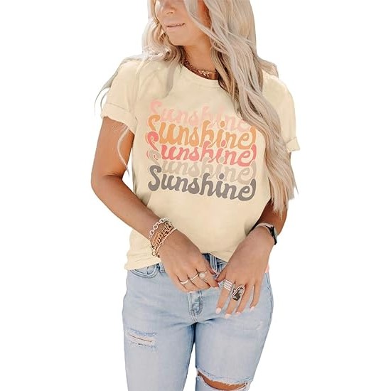 INFITTY Womens Funny Letters Print T Shirts Short Sleeve Shirts Cute Sunshine Graphic Tees Summer Casual Loose Tops