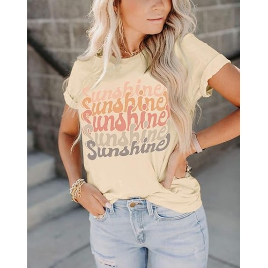 INFITTY Womens Funny Letters Print T Shirts Short Sleeve Shirts Cute Sunshine Graphic Tees Summer Casual Loose Tops