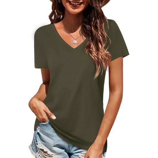 Elesomo Women Shirts V Neck Short/Long Sleeve Cotton Tops T-Shirt Basic Tees