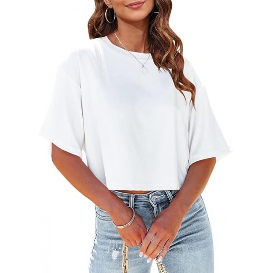 Tankaneo Women Half Sleeve Cropped T-Shirts Drop Shoulder Round Neck Crop Tops Casual Summer Solid Color Basic Tees