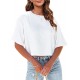 Tankaneo Women Half Sleeve Cropped T-Shirts Drop Shoulder Round Neck Crop Tops Casual Summer Solid Color Basic Tees