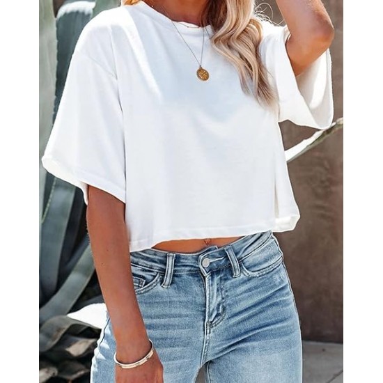 Tankaneo Women Half Sleeve Cropped T-Shirts Drop Shoulder Round Neck Crop Tops Casual Summer Solid Color Basic Tees