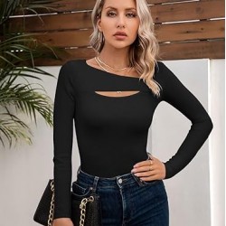 VICHYIE Womens Fashion Fall Clothes One Piece Cutout Tops Long Sleeve Ribbed Slim Fitted Shirts Tee Tshirts