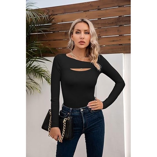 VICHYIE Womens Fashion Fall Clothes One Piece Cutout Tops Long Sleeve Ribbed Slim Fitted Shirts Tee Tshirts