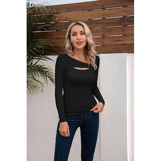 VICHYIE Womens Fashion Fall Clothes One Piece Cutout Tops Long Sleeve Ribbed Slim Fitted Shirts Tee Tshirts