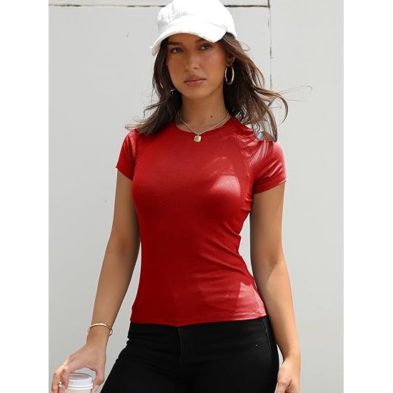 Abardsion 2024 Women Casual Activewear T Shirts Basic Crewneck Raglan Short Sleeve Slim Tight Fit Going Out Tops