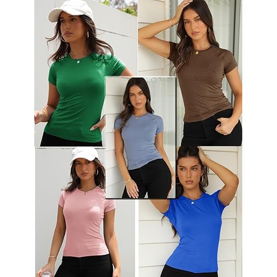 Abardsion 2024 Women Casual Activewear T Shirts Basic Crewneck Raglan Short Sleeve Slim Tight Fit Going Out Tops