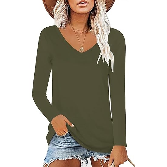 Elesomo Womens T Shirts V Neck Summer Short/Long Sleeve Cotton Tops Tees