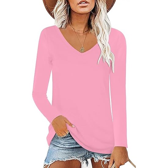 Elesomo Womens T Shirts V Neck Summer Short/Long Sleeve Cotton Tops Tees