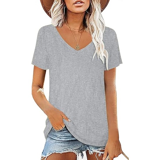 Elesomo Womens T Shirts V Neck Summer Short/Long Sleeve Cotton Tops Tees