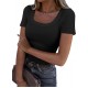 Roselux Women's Summer Scoop Neck Short Sleeve T-Shirts Ribbed Knit Slim Fitted Casual Basic Top