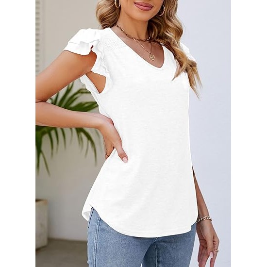 Dokotoo Women's Casual Ruffle Short Sleeve Tops Cute Solid Color Knit Ribbed T Shirts Blouses