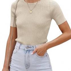 ZESICA Women's Short Sleeve Crewneck T Shirt 2024 Summer Ribbed Knit Slim Fit Basic Solid Color Tee Tops